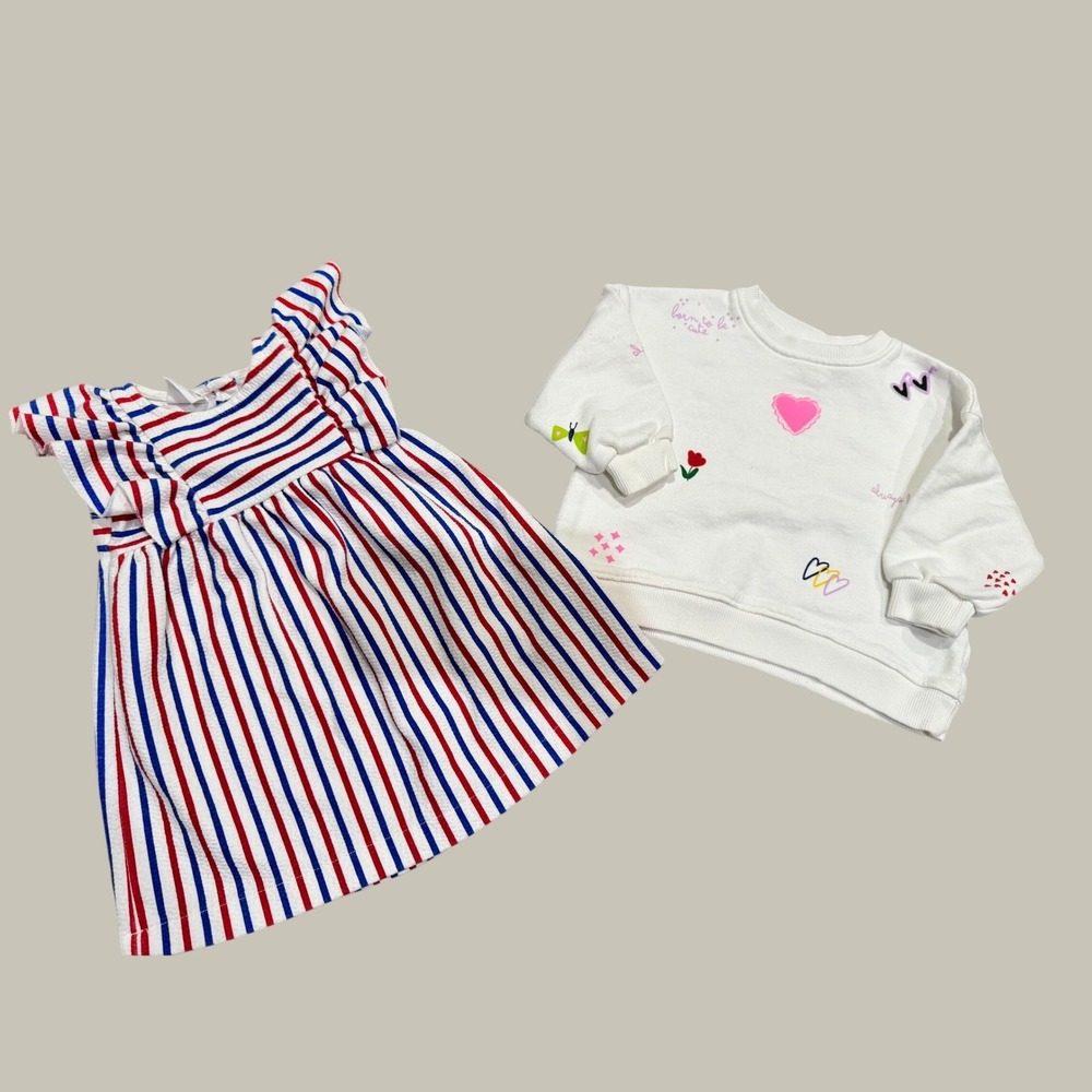 Zara Kids Girls Bundle Striped Seersucker Dress Graphic Heart Sweatshirt 12-18M